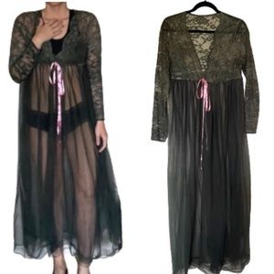 Mad men style Vintage 1960s sheer grey black long sleeve lace sexy nightdress